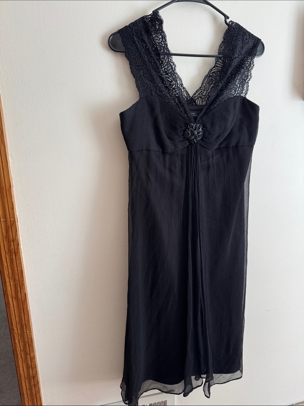 Tahari Black Lace-Trim Pleated Dress with Decorative Brooch